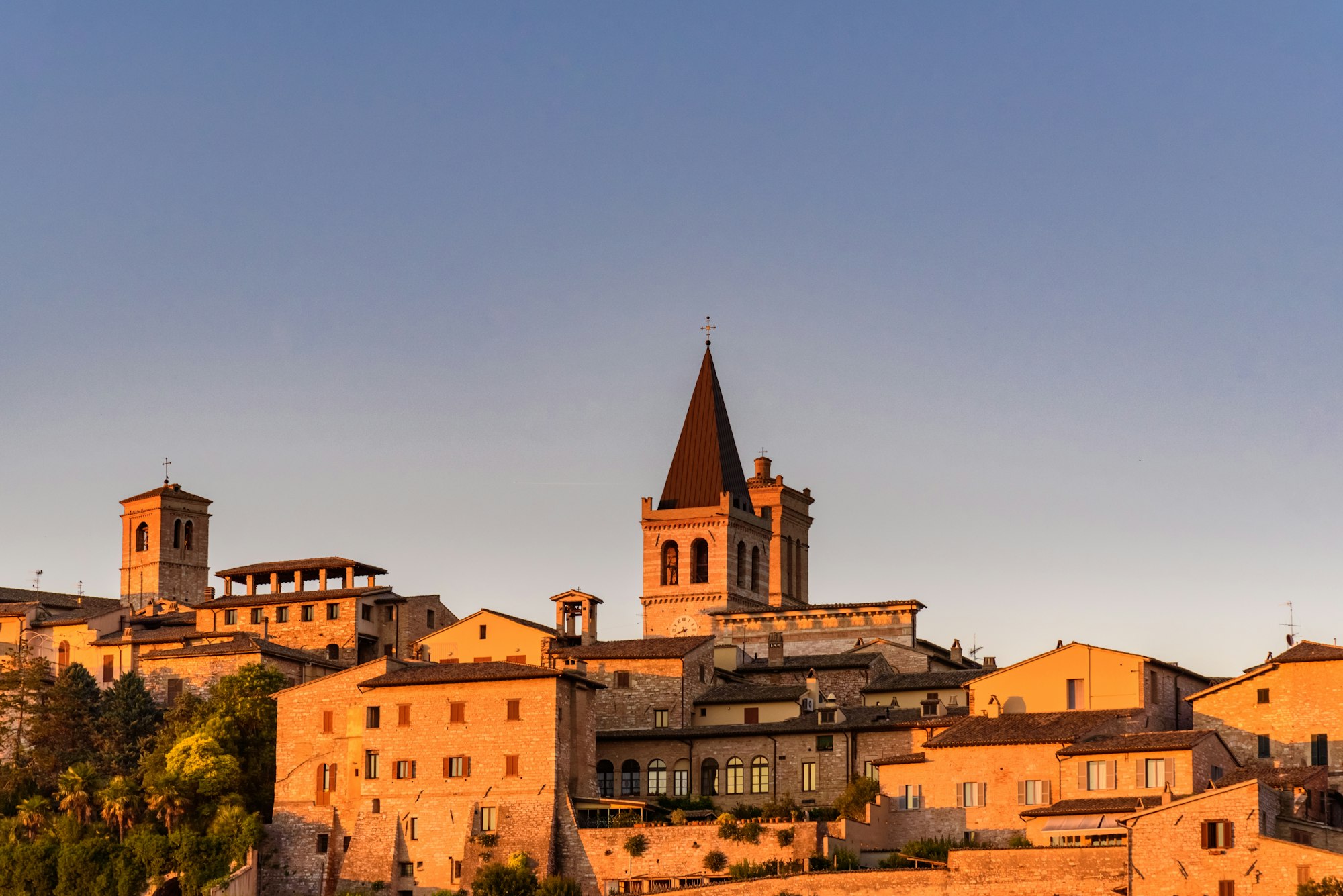 Beautiful view of the medieval town Spello in Italy in the sunset