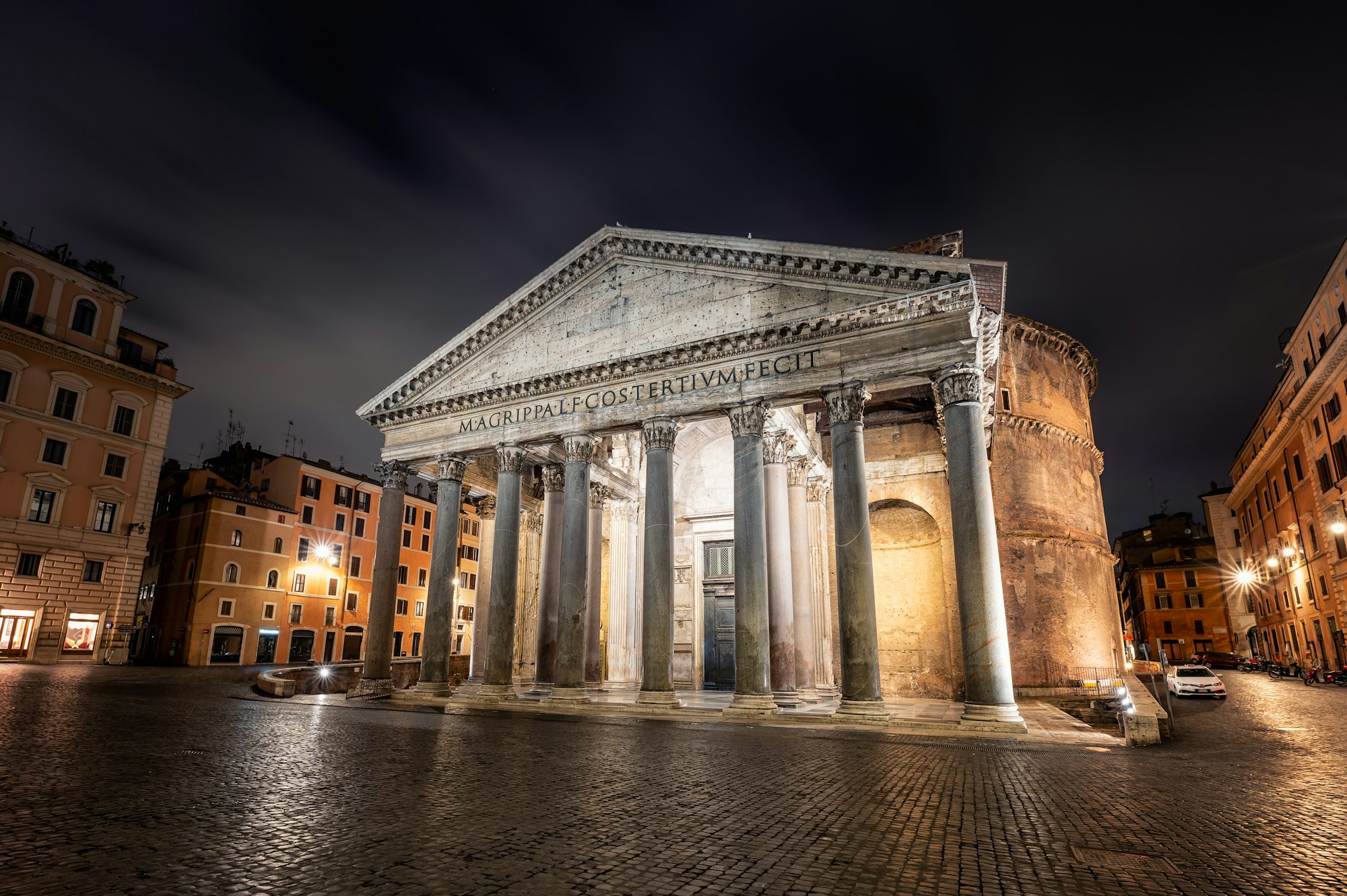 Night view of the Pantheon building in Rome