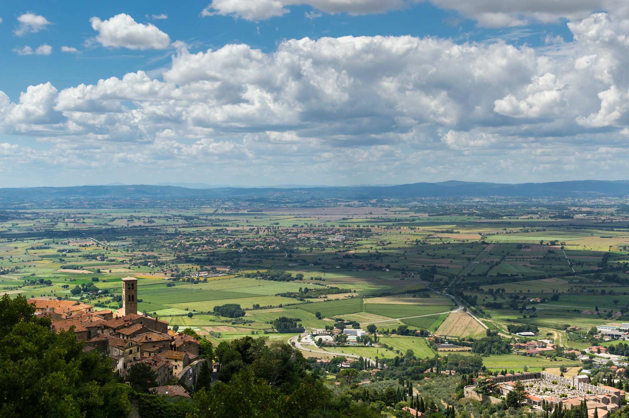 Panorama of the city of Cortona and Val di Chiana, Tuscany - Italy